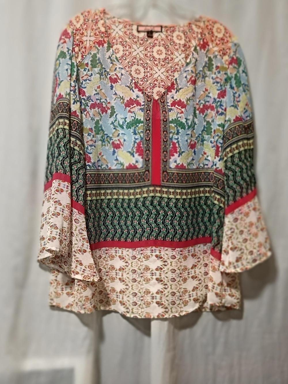Oliive Hill Sheer Floral Patchwork Boho Peasant Blouse - Multicolor Size Large